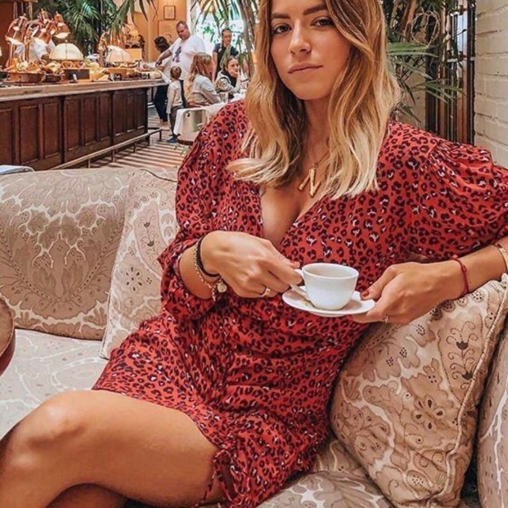 Lovers + Friends Dress Red Animal Print Mini Dress with Long Sleeve and Ruched